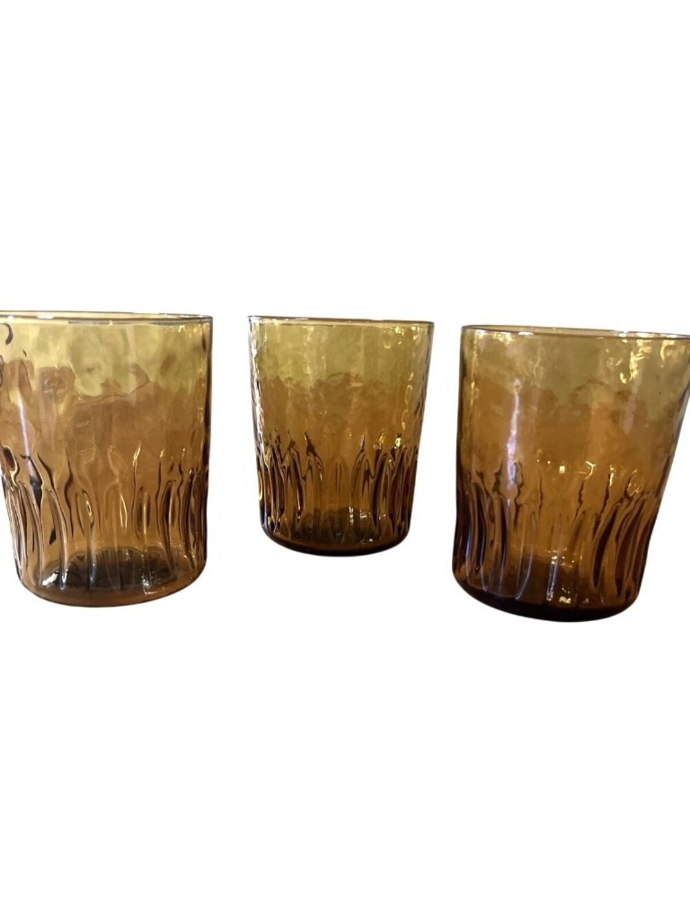 Vintage Set Of 3 Amber Crinkle Tumblers Lowball Whiskey Glass MCM 4”Tall